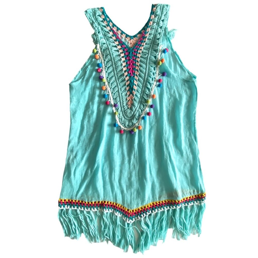 Ucho Bali Sarongs Turquoise Crochet Beach Cover Up With Multi Color Pop Poms - Picture 2 of 10